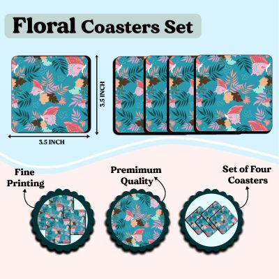 Floral Pattern Design Set of 4 Wooden Coaster for Home & Kitchen Table Decor